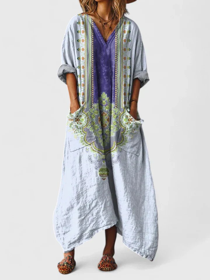 Women's boho maxi dress with paisley print and front pockets, loose cotton fit