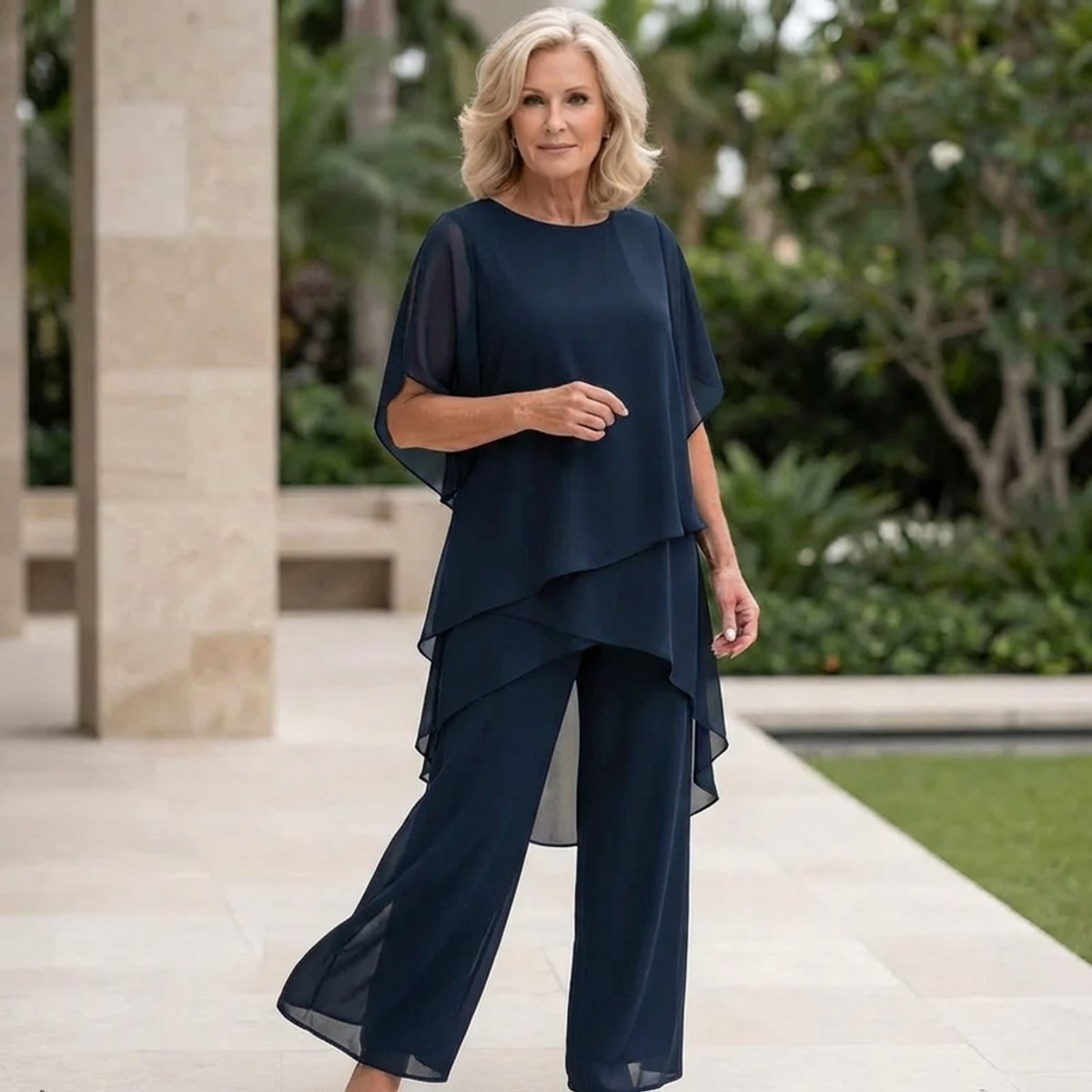 Women's chiffon two-piece set with wide-leg pants and elegant layered top