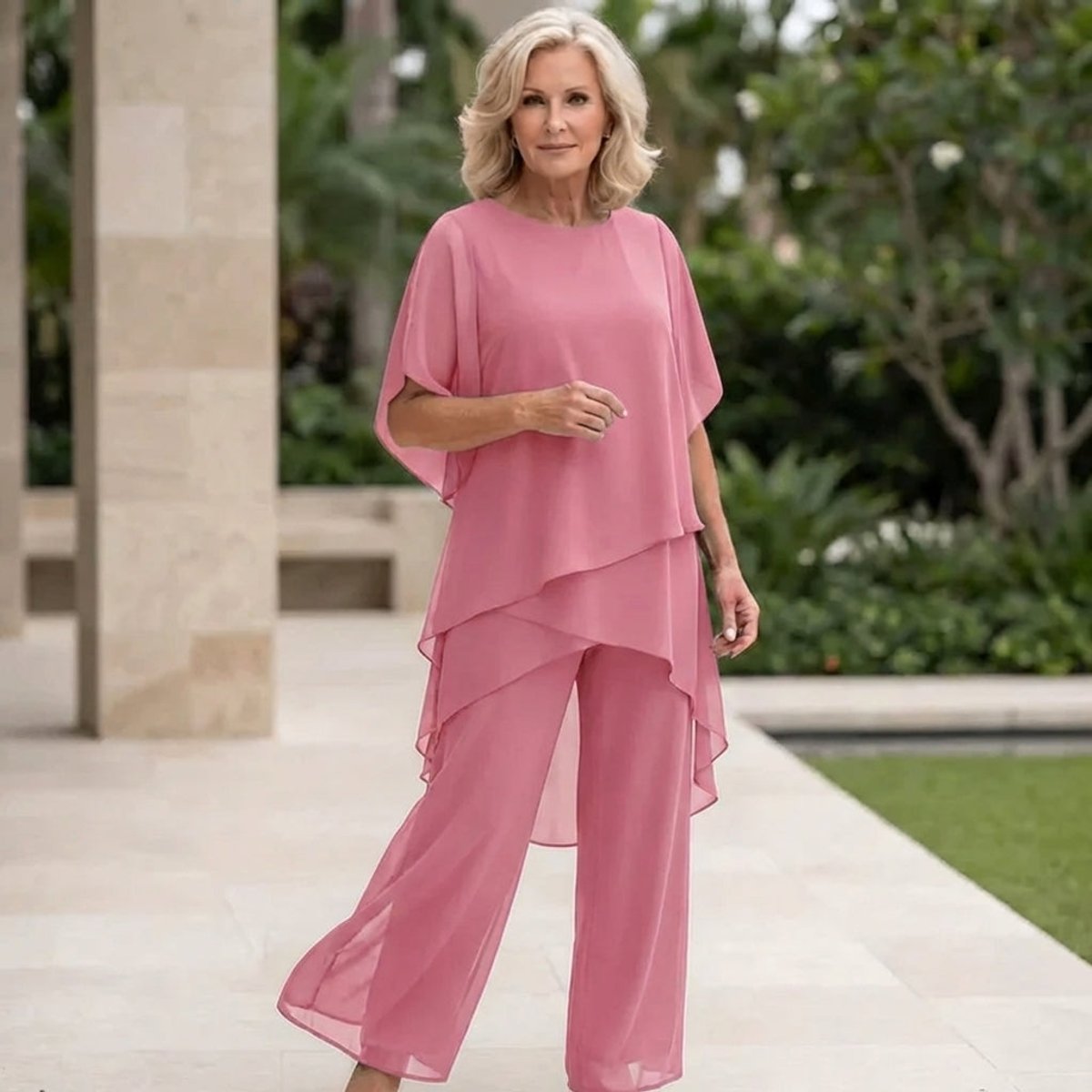 Women's chiffon two-piece set with wide-leg pants and elegant layered top