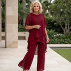 Women's chiffon two-piece set with wide-leg pants and elegant layered top