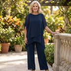 Women's chiffon two-piece set with wide-leg pants and elegant layered top