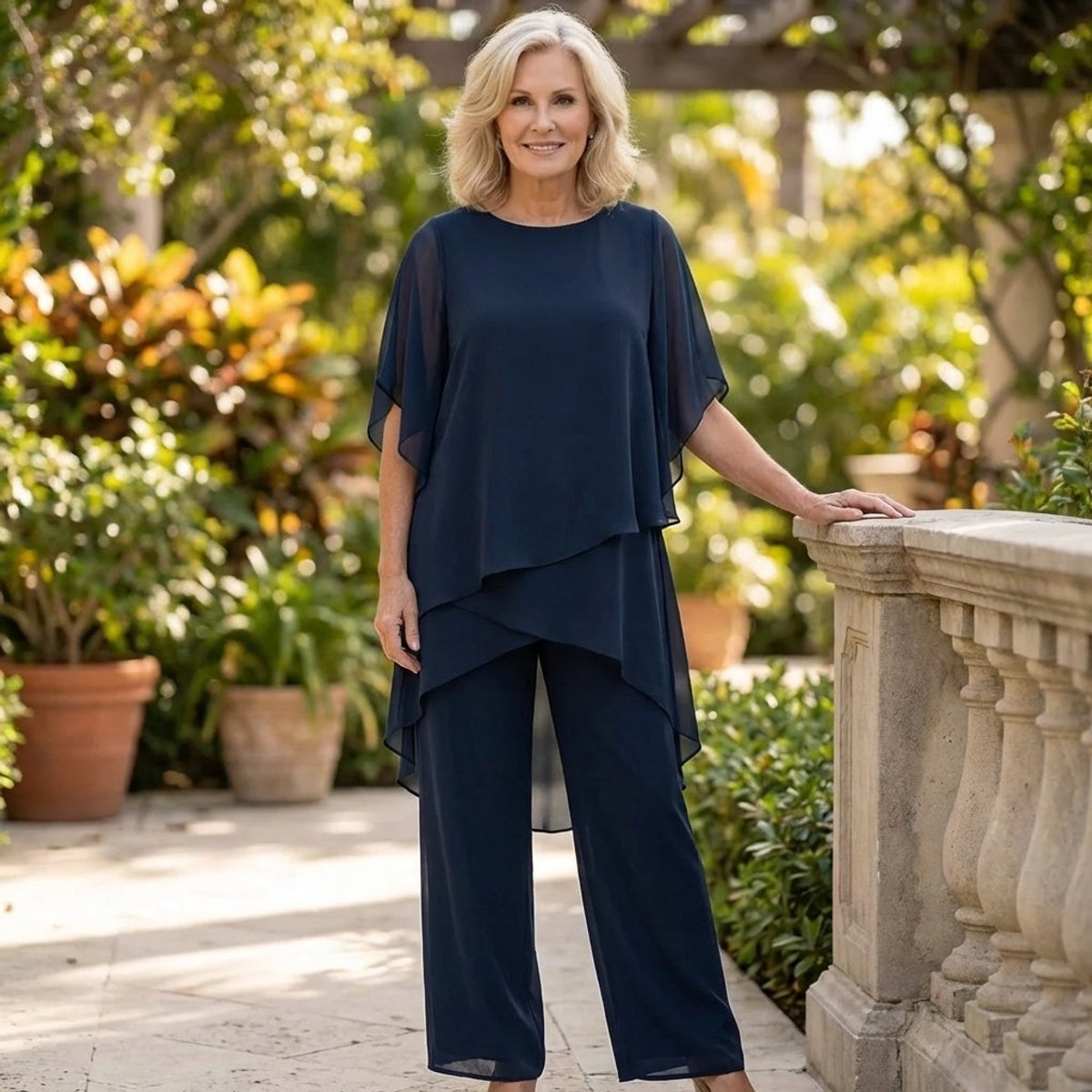 Women's chiffon two-piece set with wide-leg pants and elegant layered top