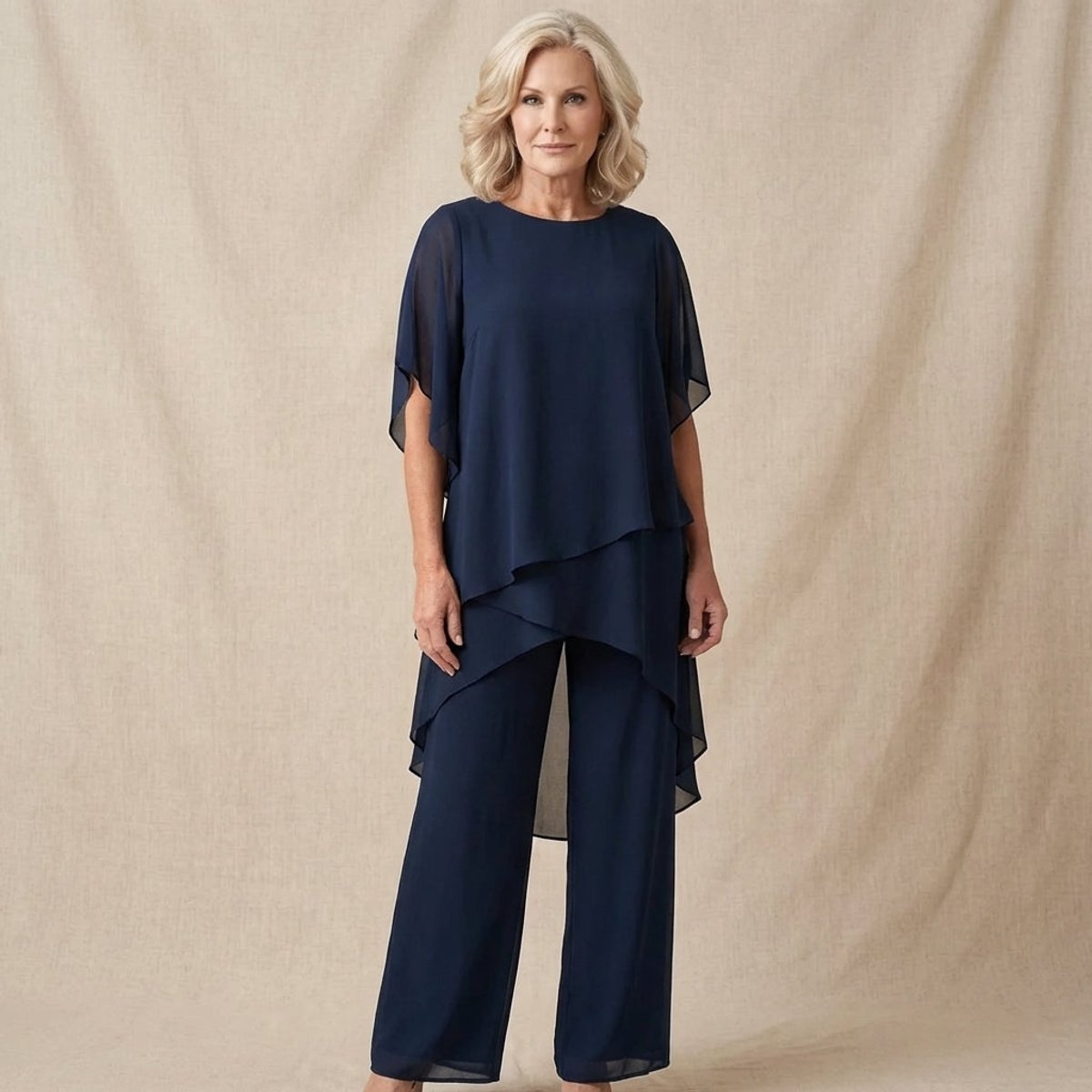Women's chiffon two-piece set with wide-leg pants and elegant layered top