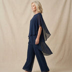 Women's chiffon two-piece set with wide-leg pants and elegant layered top