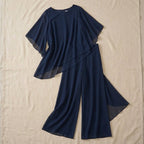 Women's chiffon two-piece set with wide-leg pants and elegant layered top