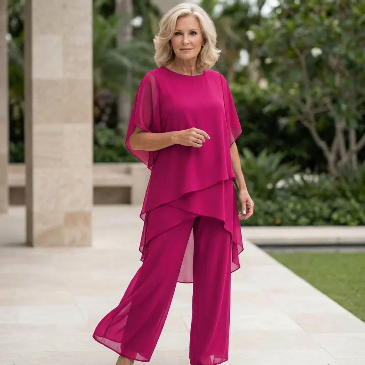 Women's chiffon two-piece set with wide-leg pants and elegant layered top