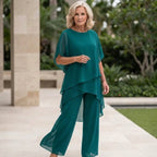 Women's chiffon two-piece set with wide-leg pants and elegant layered top