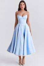 Women's midi cocktail dress with swing skirt and built-in underwire cups