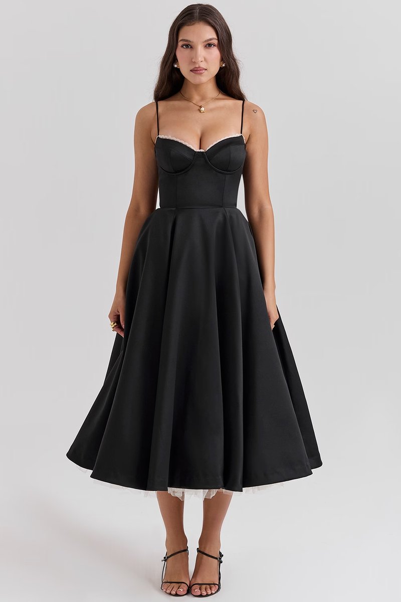 Women's midi cocktail dress with swing skirt and built-in underwire cups