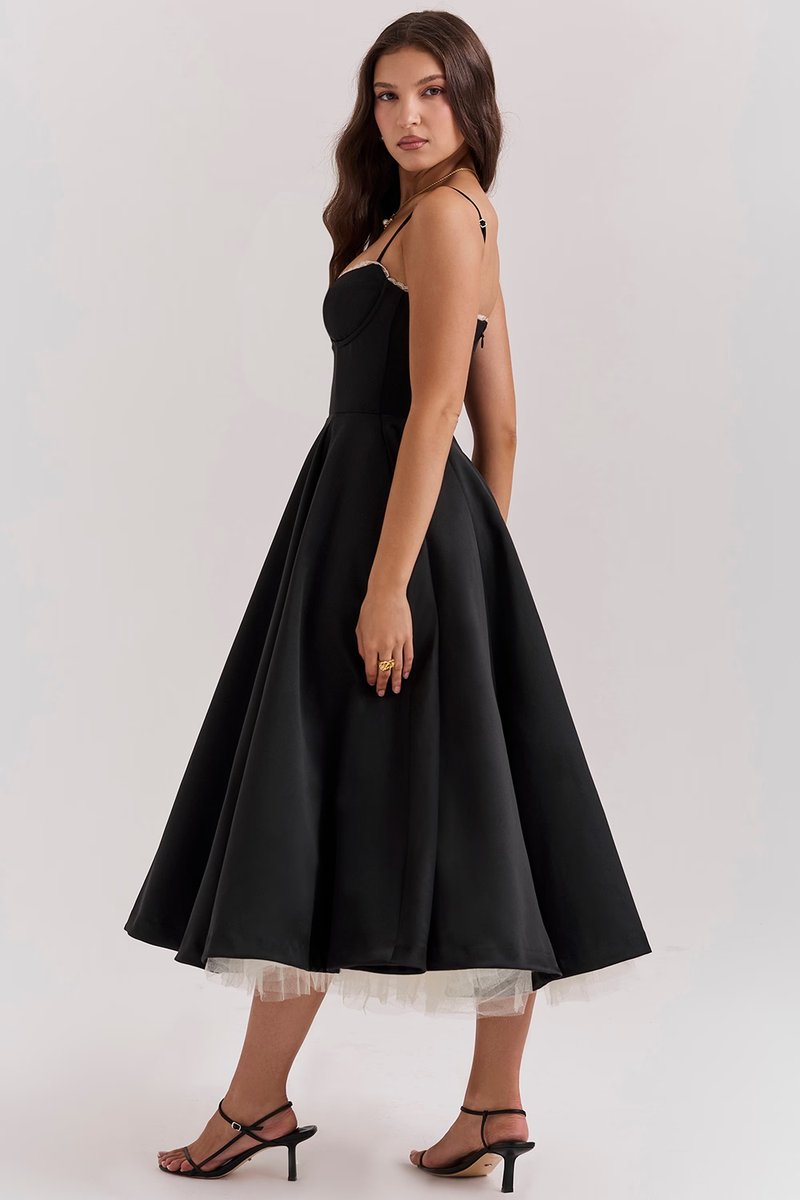 Women's midi cocktail dress with swing skirt and built-in underwire cups