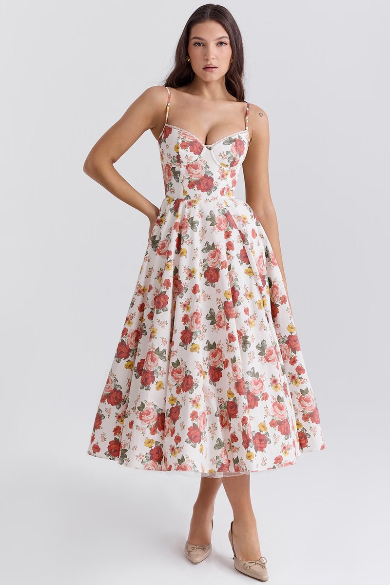 Women's midi cocktail dress with swing skirt and built-in underwire cups
