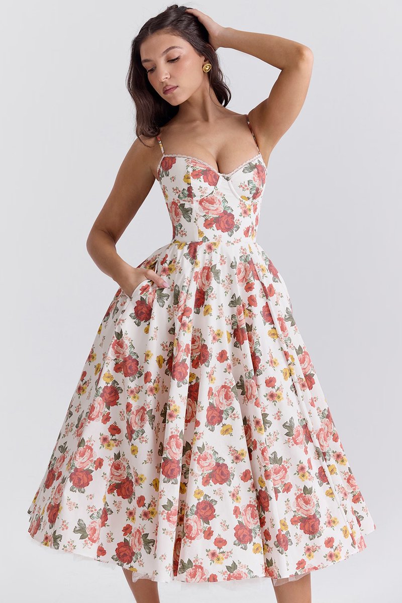 Women's midi cocktail dress with swing skirt and built-in underwire cups