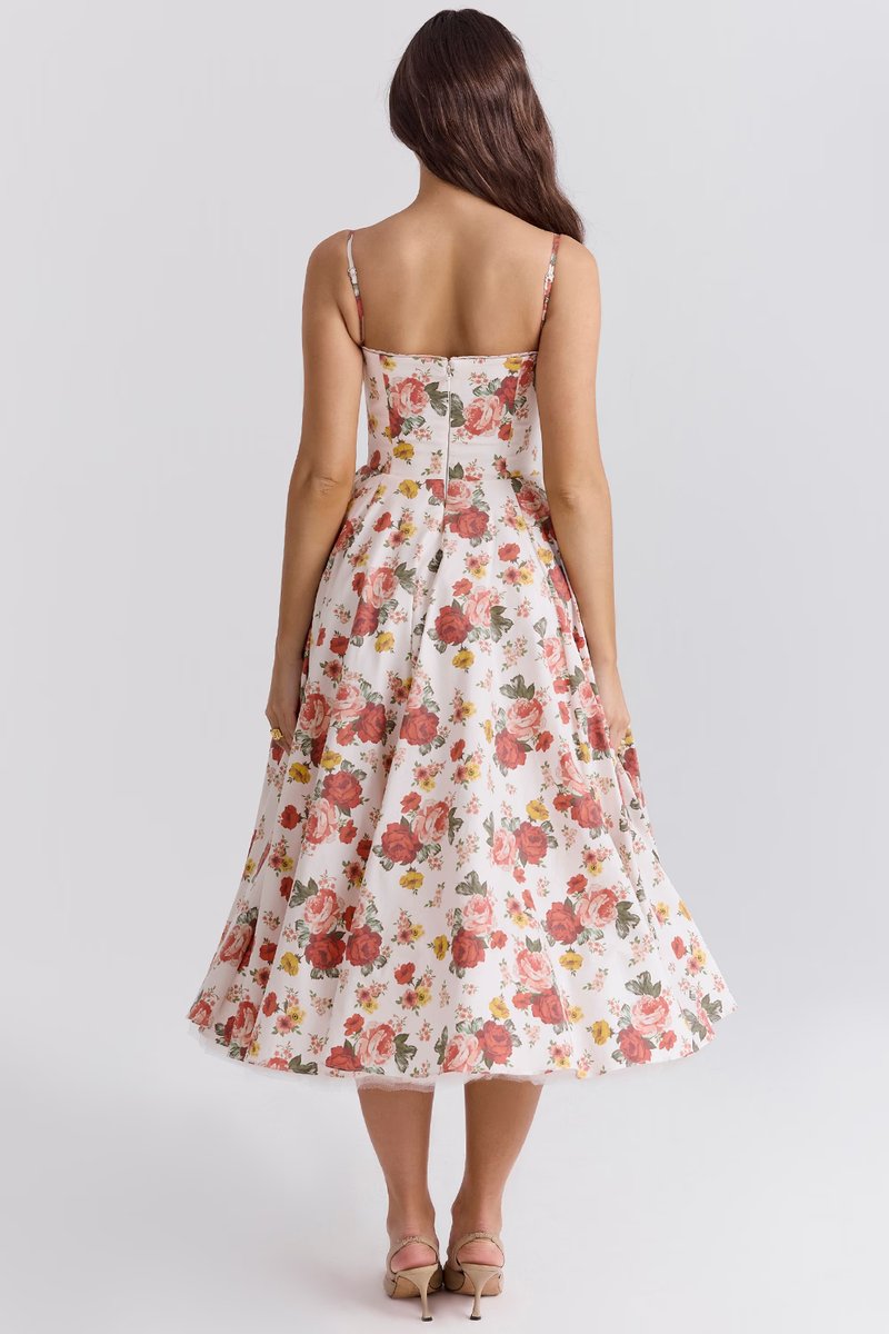 Women's midi cocktail dress with swing skirt and built-in underwire cups