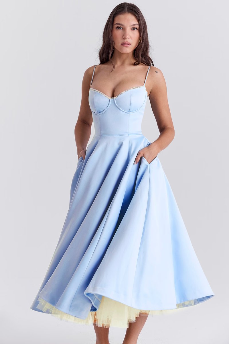 Women's midi cocktail dress with swing skirt and built-in underwire cups