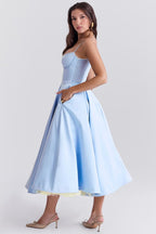 Women's midi cocktail dress with swing skirt and built-in underwire cups