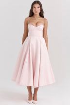 Women's midi cocktail dress with swing skirt and built-in underwire cups