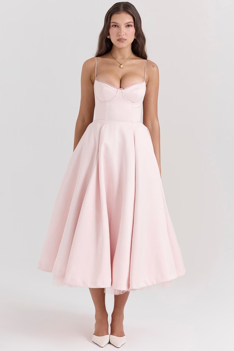 Women's midi cocktail dress with swing skirt and built-in underwire cups