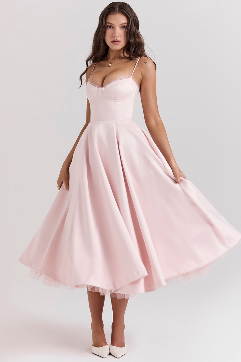 Women's midi cocktail dress with swing skirt and built-in underwire cups