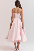 Women's midi cocktail dress with swing skirt and built-in underwire cups