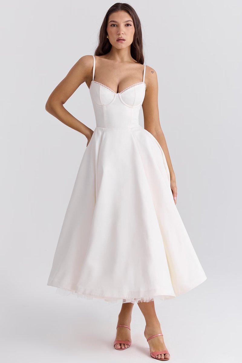 Women's midi cocktail dress with swing skirt and built-in underwire cups