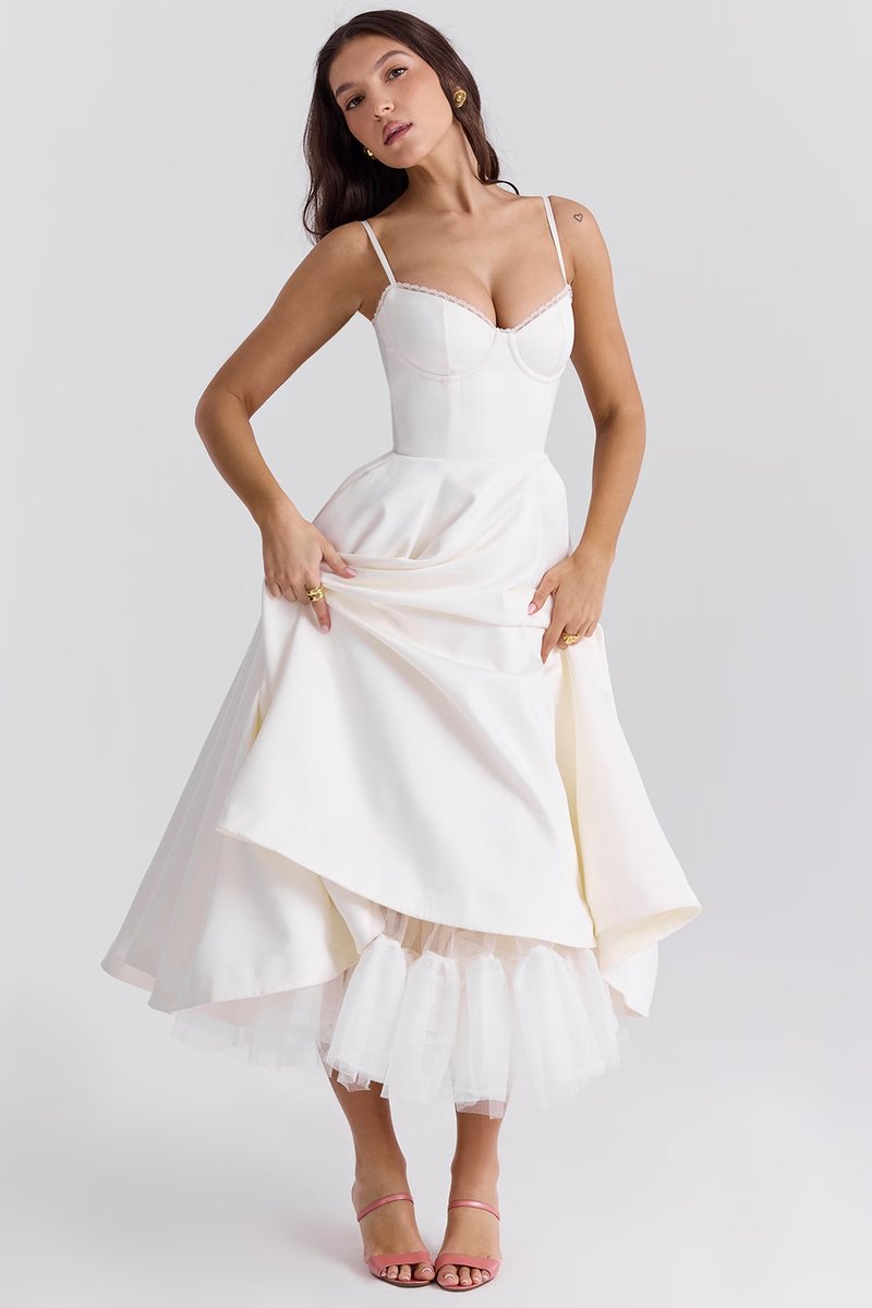 Women's midi cocktail dress with swing skirt and built-in underwire cups