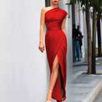 Women's one-shoulder maxi cocktail dress with high slit, formal evening wear