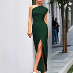 Women's one-shoulder maxi cocktail dress with high slit, formal evening wear