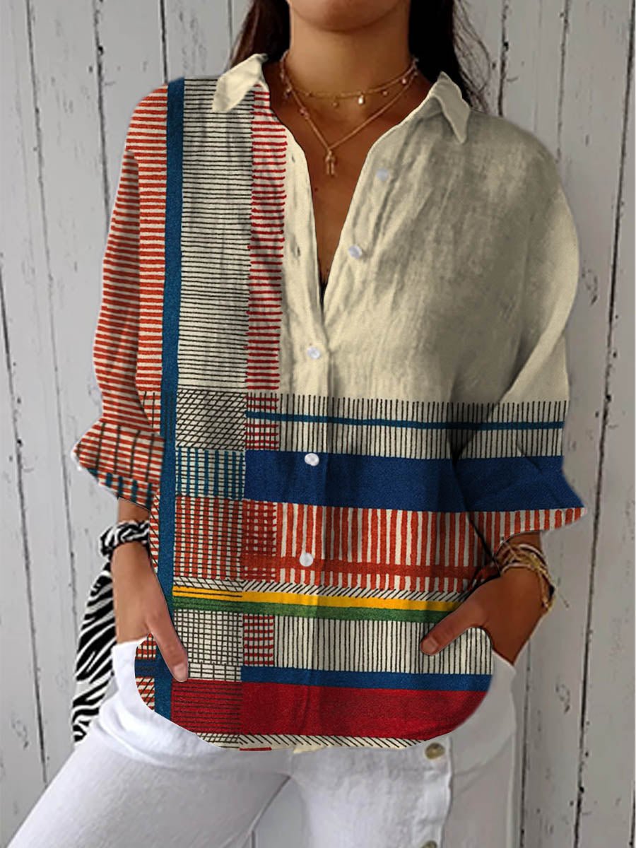 Women geometric print long sleeve button-down blouse relaxed fit V-neckline