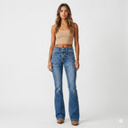 Women's high waist flared jeans figure-hugging fit in blue denim