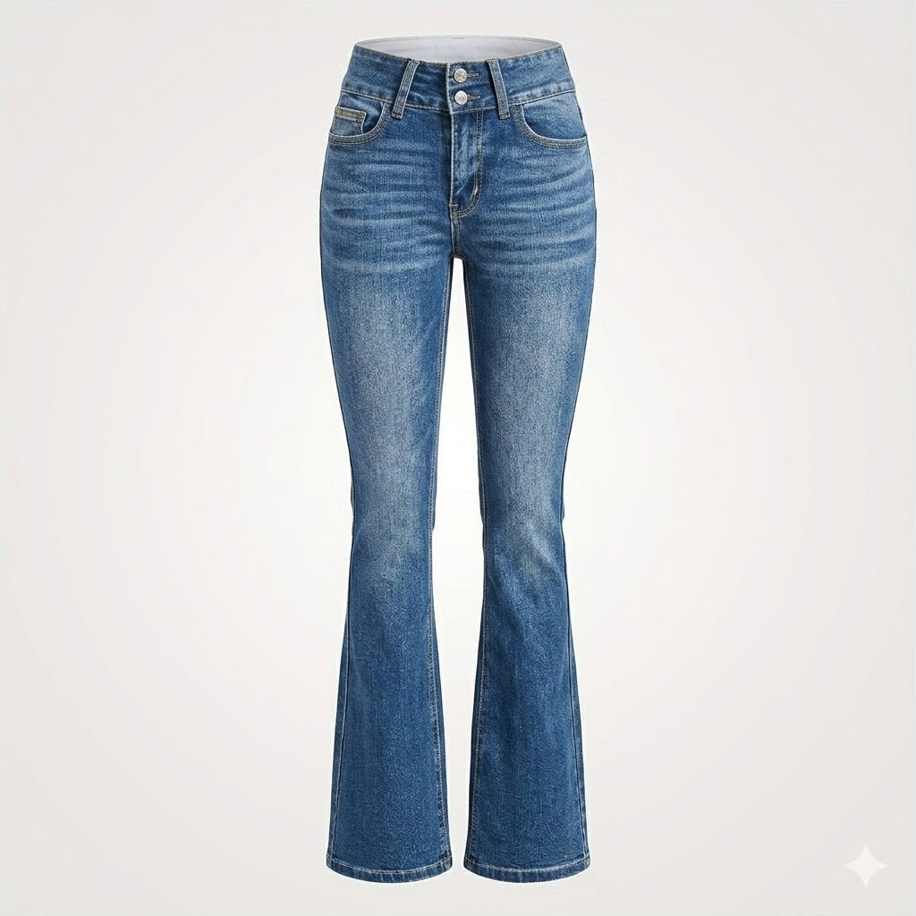 Women's high waist flared jeans figure-hugging fit in blue denim