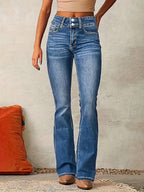 Women's high waist flared jeans figure-hugging fit in blue denim