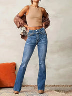 Women's high waist flared jeans figure-hugging fit in blue denim