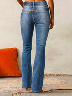 Women's high waist flared jeans figure-hugging fit in blue denim