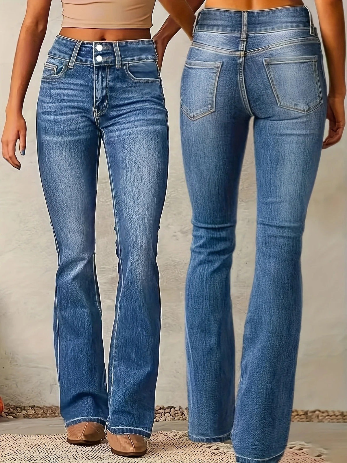 Women's high waist flared jeans figure-hugging fit in blue denim