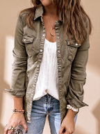 Women's denim jacket with button front, shirt collar and flap chest pockets