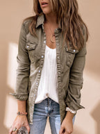 Women's denim jacket with button front, shirt collar and flap chest pockets