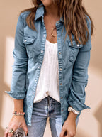 Women's denim jacket with button front, shirt collar and flap chest pockets
