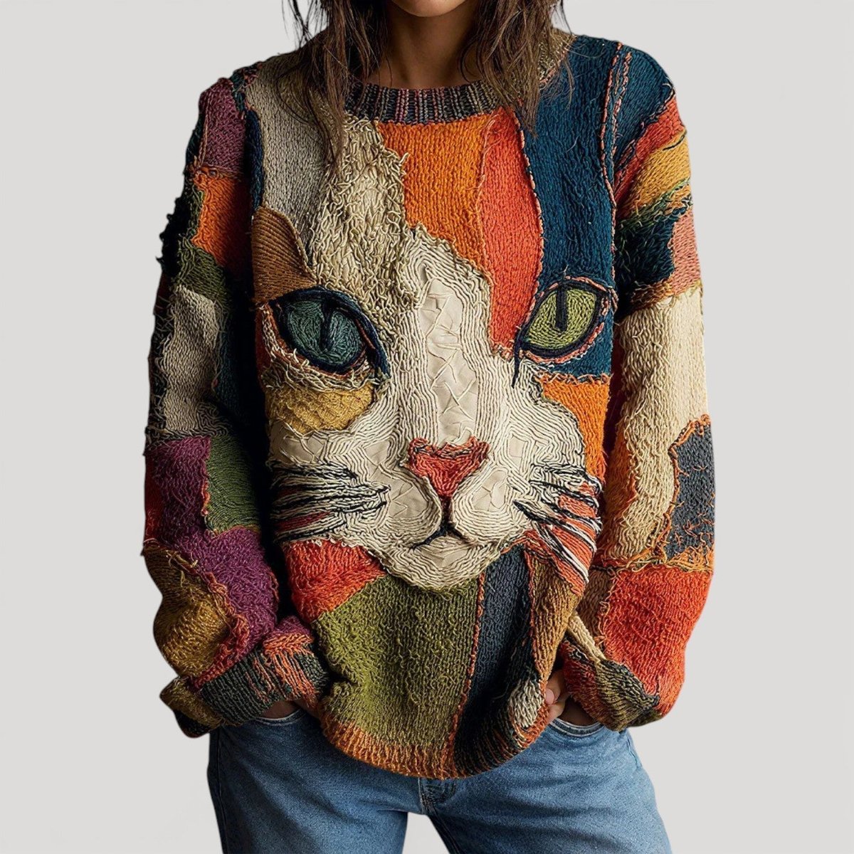 Women knit sweater cat print relaxed fit crewneck long sleeve colorful