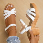 Women's wedge sandals with braided straps and ankle buckle, open toe boho summer style