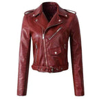 Women's faux leather biker jacket zip-up belted waist short cut