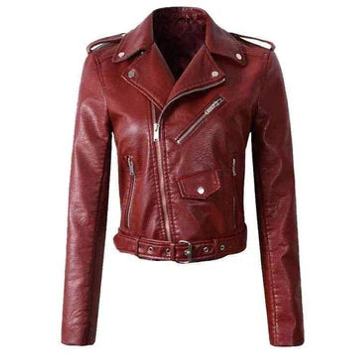 Women's faux leather biker jacket zip-up belted waist short cut
