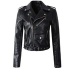 Women's faux leather biker jacket zip-up belted waist short cut