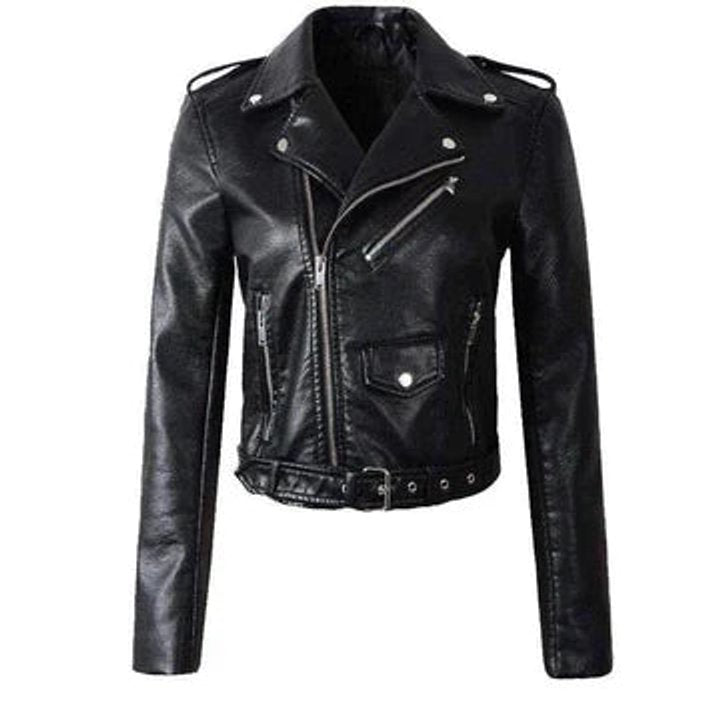 Women's faux leather biker jacket zip-up belted waist short cut