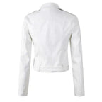 Women's faux leather biker jacket zip-up belted waist short cut