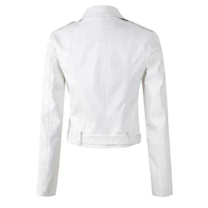 Women's faux leather biker jacket zip-up belted waist short cut