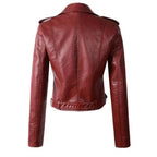 Women's faux leather biker jacket zip-up belted waist short cut