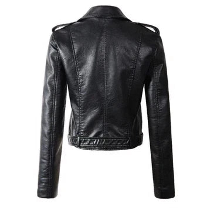 Women's faux leather biker jacket zip-up belted waist short cut