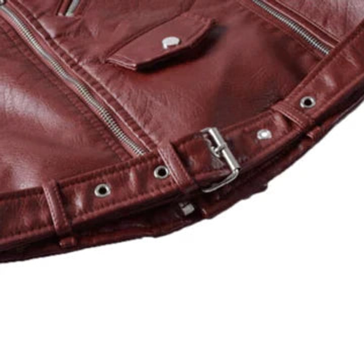 Women's faux leather biker jacket zip-up belted waist short cut