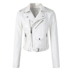 Women's faux leather biker jacket zip-up belted waist short cut