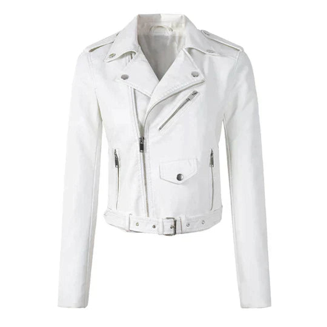 Women's faux leather biker jacket zip-up belted waist short cut